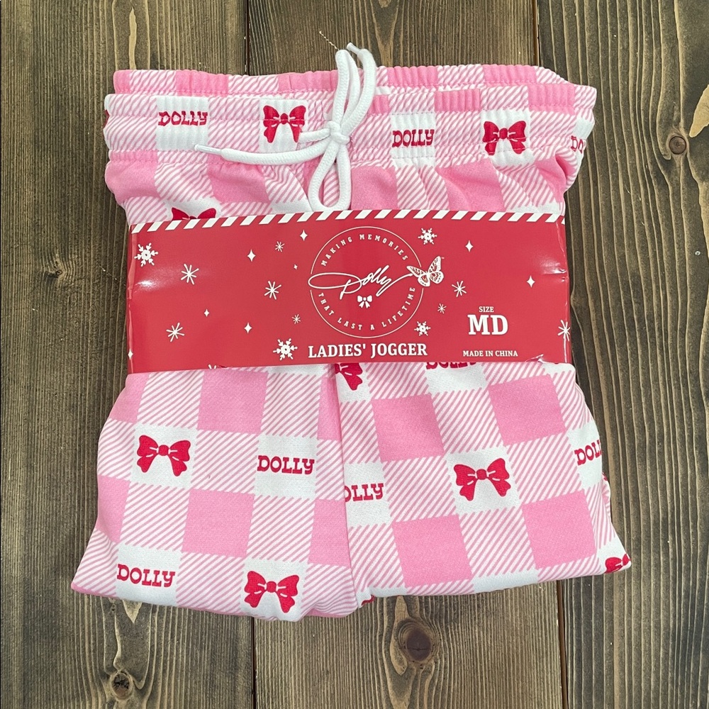 Women’s Pink Buffalo Plaid Dolly Parton Bow Joggers - Picture 2 of 4